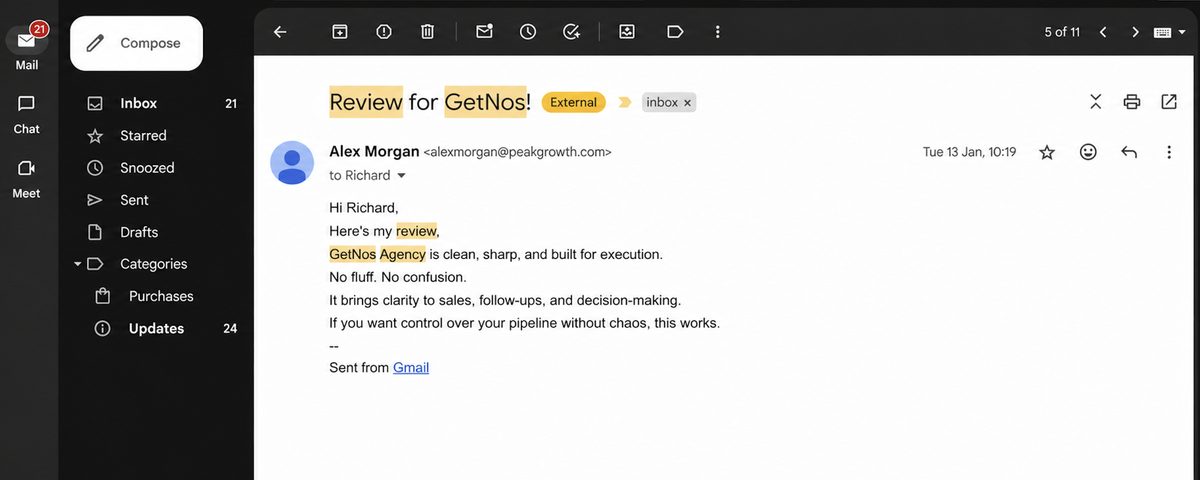 Alex Morgan Gmail review - GetNos Agency is clean, sharp, and built for execution