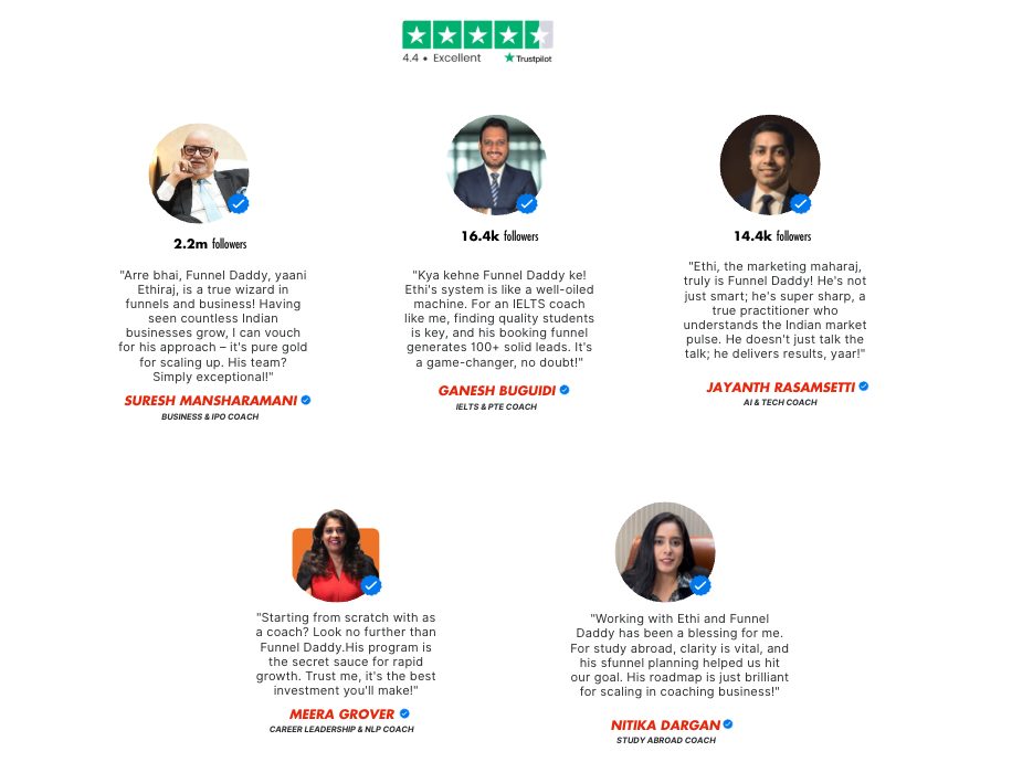 Five testimonial cards from coaches and founders, public Trustpilot reviews
