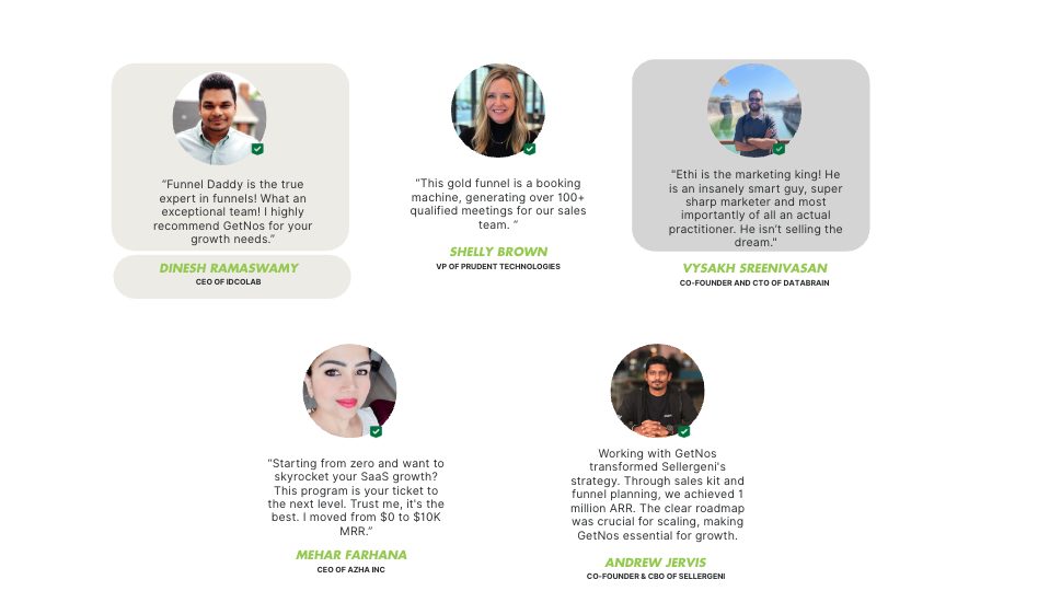 Five testimonial cards from founders, public reviews