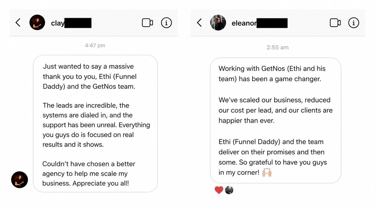 Two Instagram DMs from founders thanking the GetNos team