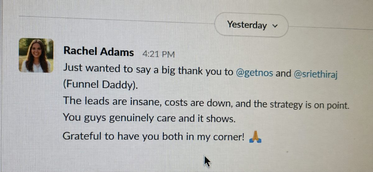 Slack message from Rachel Adams - leads insane, costs down, strategy on point