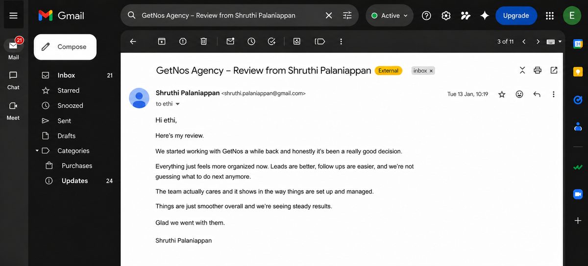 Shruthi Palaniappan Gmail review - really good decision to work with GetNos